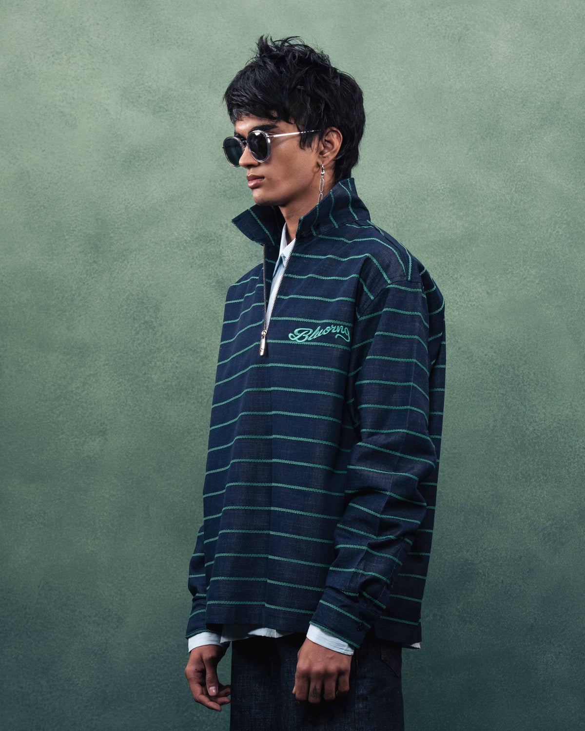 Green Stripe Rugby Full Sleeve Quarter Zipper