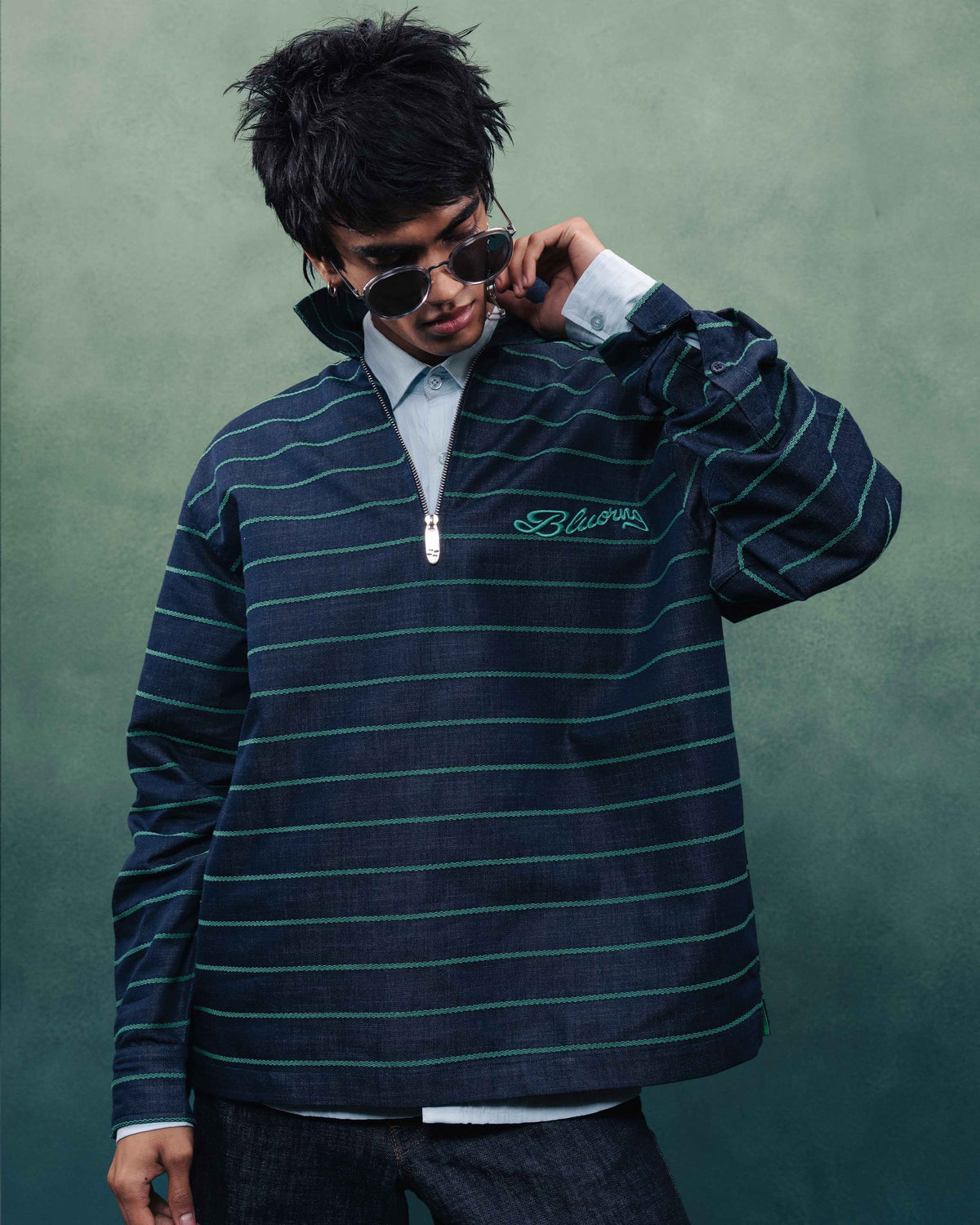 Green Stripe Rugby Full Sleeve Quarter Zipper