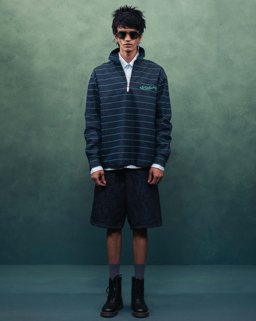 Green Stripe Rugby Full Sleeve Quarter Zipper