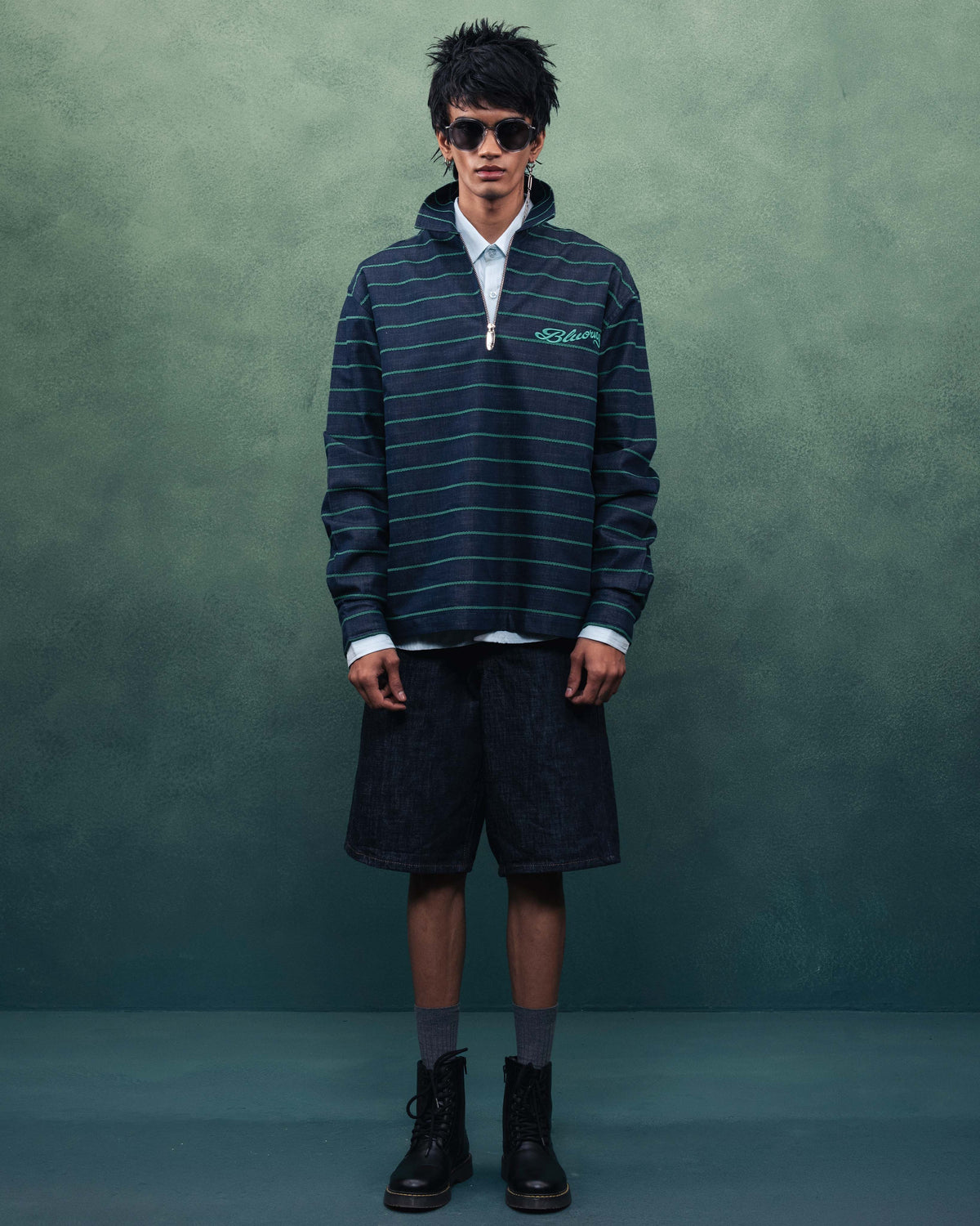 Green Stripe Rugby Full Sleeve Quarter Zipper